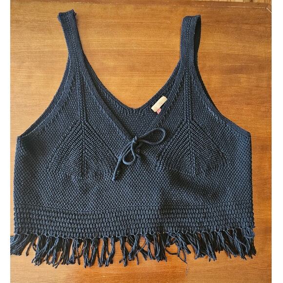 Pilcro Anthropologie Black Sweater Crochet Knit Fringe Tank Top, Sz 2X - Picture 2 of 11